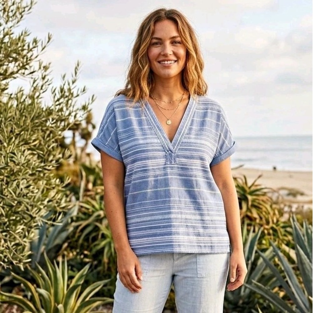Marine Layer Bali Tunic Top Medium M Blue Striped V-Neck Cotton Popover Blouse